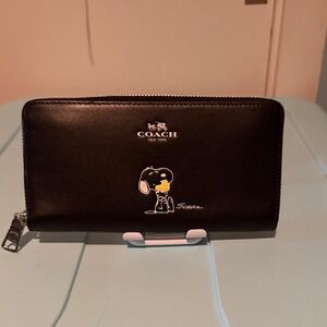 Coach Black Leather Zip Wallet with Snoopy and Woodstock Accent